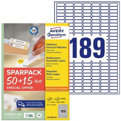 Avery-Zweckform L4731REV-65 Universele etiketten 25.4 x 10 mm Papier Wit 65 vellen Weer verwijderbaar Inkjet, Laser (zwart/wit), Laser (kleur),