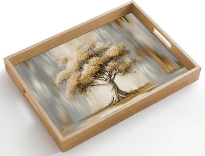 Dienblad hout 50x35 cm - Schootdienblad - Boom - Bladeren - Abstract - Wit - Borrelplank rechthoek - Plateau dienbladen