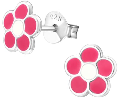 Joy|S - Zilveren bloem oorbellen - 8 mm - roze wit - oorknoppen