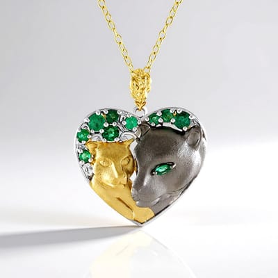 Cavill - Zilveren Halsketting met Zambia Smaragd 0,86 ct - 925 Sterling Zilver met Geelgoud - Hartvormige Panter Design Hanger - Elegante Damesketting