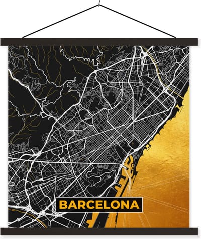 Posterhanger incl. Poster 60x60 cm - Schoolplaat - Barcelona - Stadskaart - Plattegrond - Kaart - Goud - Textielposter - Zwarte latten - Stadskaart