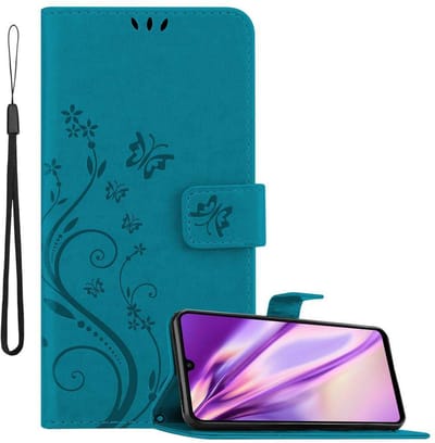 Cadorabo Hoesje geschikt voor Huawei P30 LITE in BLOEMEN BLAUW - Beschermhoes in bloemmotief met magnetische sluiting, standfunctie en kaartsleuven Book Case Cover Etui