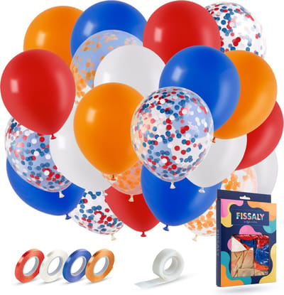 Fissaly 40 stuks Rood, Wit, Blauw & Oranje Helium Ballonnen met Lint – Voetbal - Verjaardag Versiering Decoratie – Papieren Confetti – Latex - WK Voetbal