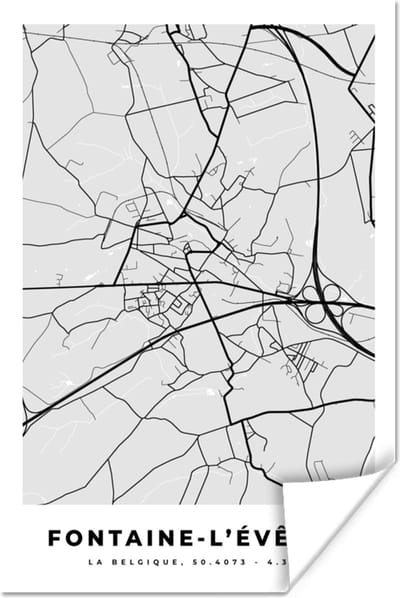 Poster Stadskaart – Zwart Wit - Kaart – Fontaine l'Évêque – België – Plattegrond - 120x180 cm XXL