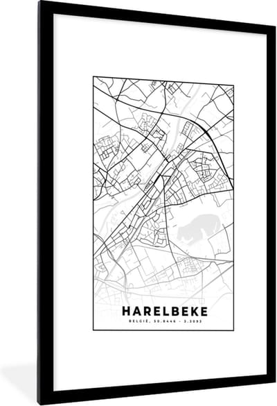 Fotolijst incl. Poster Zwart Wit- België – Harelbeke – Stadskaart – Kaart – Zwart Wit – Plattegrond - 60x90 cm - Posterlijst