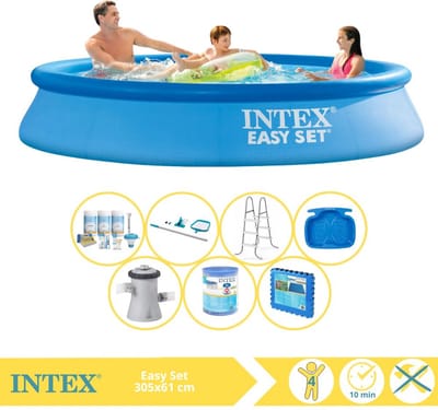 Intex Rond Opblaasbaar Easy Set Zwembad - 305 x 61 cm - Blauw - Inclusief Onderhoudspakket - Zwembadfilterpomp - Filter - Schoonmaakset - Ladder - Voetenbad - Vloertegels - 8-delig