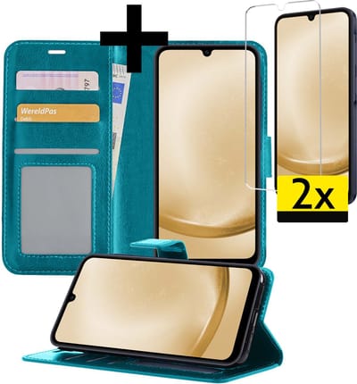 Hoesje - Met 2x Screenprotector - Geschikt voor Samsung Galaxy A25 - Luxe Pasjeshouder - Bookcase Portemonee - Flip Case - Kunstleer Book Case - Flipcase Hoes - Book Cover - Walletcase - Portemonneehoes - Telefoonhoesjes - Turquoise
