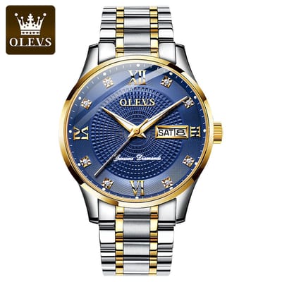 HO-6603.bl : Olevs zilvergoudkl tourbillon/mechanisch edelstaal heren horloge, blauwe wijzerplaat met aurora cirkel, luminiscerend, dagnaam, kalenderdag, Diamant-zirkonia's