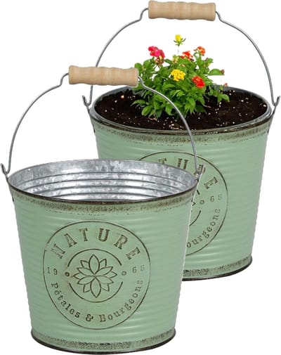 Sunnydays Emmer/plantenpot/bloempot - 2x - zink - jadegroen - D23 x H22 cm