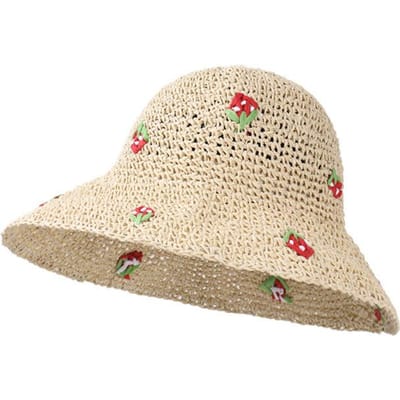Lente en Zomer Nieuwe Zoete en Leuke Aardbei Geborduurde Strohoed voor Dames Zomer Zonbescherming Vakantie Zonhoed Strohoed one size fits all beige