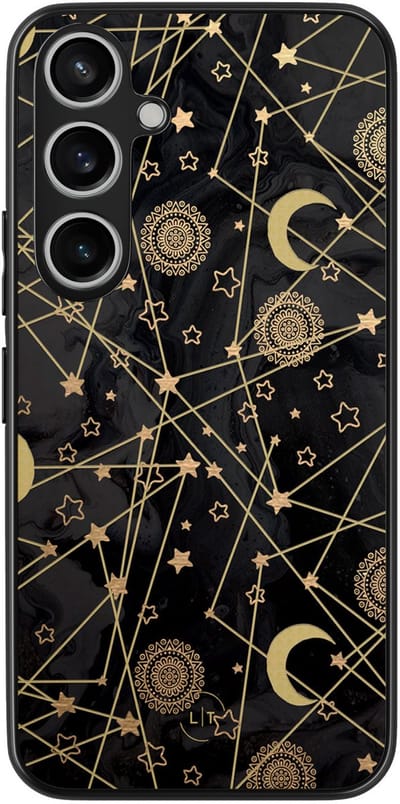 Leuke Telefoonhoesjes - Hoesje geschikt voor Samsung Galaxy A55 - Sterren, zon, maan - Backcover zwart - Print / Illustratie - Zwart, Goud