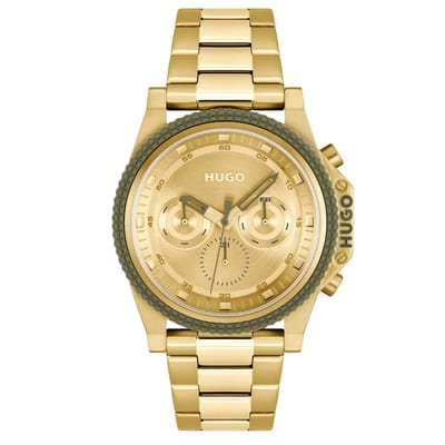HUGO HU1530349 #BRAVE Heren Horloge - Mineraalglas - Staal - Goudkleurig - 46 mm breed - Quartz - Vouw/Vlindersluiting - 5 ATM (douchen)
