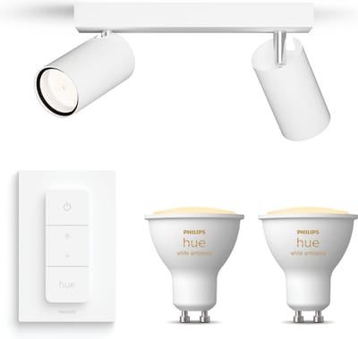 Philips Hue Idris Opbouwspot voor Badkamer (Wit) - Badkamerlamp - Warm tot Koelwit Licht - Incl. Hue Dimmer Switch - Plafondspot met 2 Lichtpunten - GU10 - Hue White Ambiance