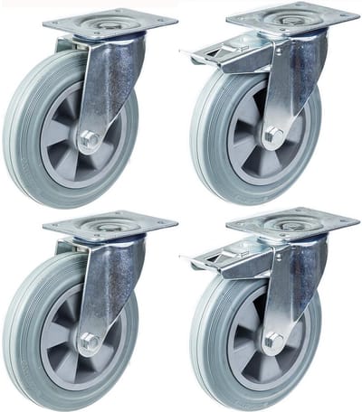 200 mm (8") zwenkwiel met grijze rubberen band, zwenkbaar en met rem, draagvermogen 820 kg, set van 4