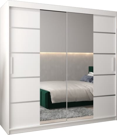 InspireMe - Kledingkast met 2 schuifdeuren, spiegel Modern-stijl, Kledingkast met planken (BxHxD): 200x200x62 - VENTILA IV 200 Wit Mat