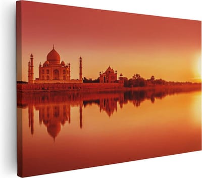 Artaza Canvas Schilderij Zonsondergang India - 30x20 cm - Klein - Wanddecoratie Taj Mahal - Muurdecoratie Skyline - Kamer Accessoires