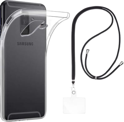 Set met hoesje en nekband voor Samsung Galaxy a6 2018 - Flexibele, transparante TPU-bescherming, verstelbare universele nekband voor mobiele telefoons, zwarte nekband, transparante draagriem van Phonillico®