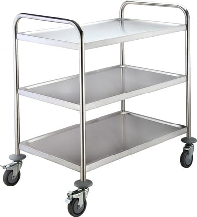 SARO RVS serveerwagen, keukentrolley, rolltafel voor zorg en horeca, 3 plateaus, met rem en stootranden