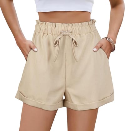 Zomerse Dames Shorts met Hoge Taille en Elastische Tailleband - Ideaal voor Strand, Vakantie en Casual Dagen in Katoen en Linnen, Khaki, L