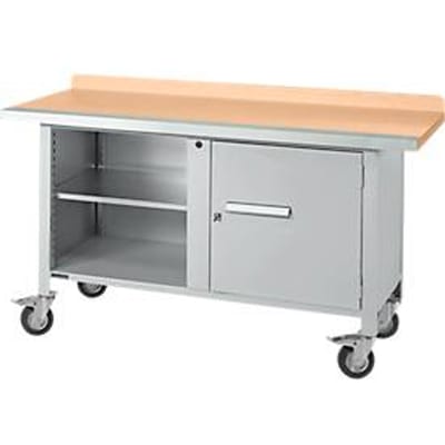Mobiele werkbank Schäfer Shop Select PWi 150-1, beuken multiplex blad, met stalen rand, tot 400 kg, B 1500 x D 700 x H 840 mm