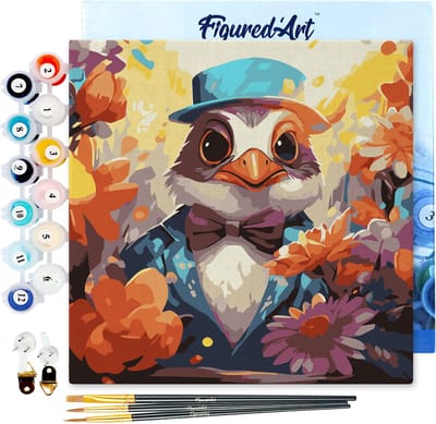 Figured'Art Mini Schilderen op Nummer Volwassenen 20x20cm met lijst Fantasie staartvogel en bloemen - Klein Formaat Creatieve Hobby Kit DIY Art Nummer Compleet