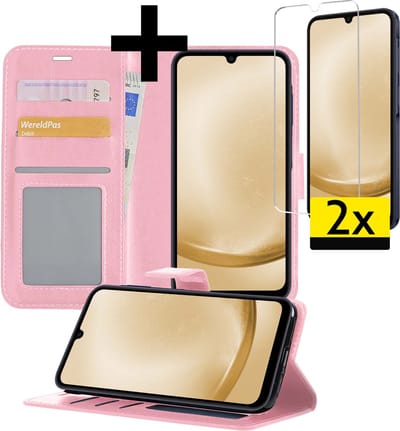 Hoesje - Met 2x Screenprotector - Geschikt voor Samsung Galaxy A25 - Luxe Pasjeshouder - Bookcase Portemonee - Flip Case - Kunstleer Book Case - Flipcase Hoes - Book Cover - Walletcase - Portemonneehoes - Telefoonhoesjes - Lichtroze