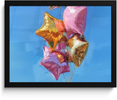 Poster in lijst - Fotolijst 40x30 cm - Posters - Ballonnen - Goud - Stervorm - Roze - Posterlijst zwart - Decoratie - Wanddecoratie woonkamer - Muurdecoratie slaapkamer