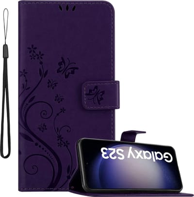 Cadorabo Hoesje geschikt voor Samsung Galaxy S23 in BLOEMEN DONKER PAARS - Beschermhoes in bloemmotief met magnetische sluiting, standfunctie en kaartsleuven Book Case Cover Etui