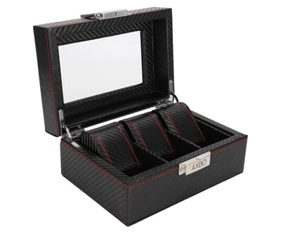 Axbo Luxe Horloge Doos – Opbergdoos – 3 Vakken – Sieradendoos – Carbon Fiber look – Verwijderbaar Kussens – Watch Box – Leder – Leer – Zwart - Rood