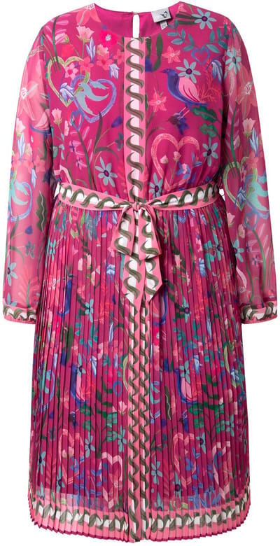 Ulla Popken - Dames - Midi-jurk geplooid rok A-lijn ronde hals lange mouwen - Zomerbes - Maat 46+