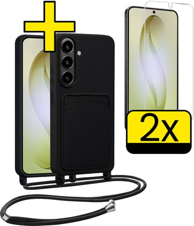 Hoesje Geschikt voor Samsung S26 Hoesje Met Koord Met 2x Screenprotector Siliconen Case - Hoes Geschikt voor Samsung Galaxy S26 Backcover Met Afneembaar Koord - Zwart
