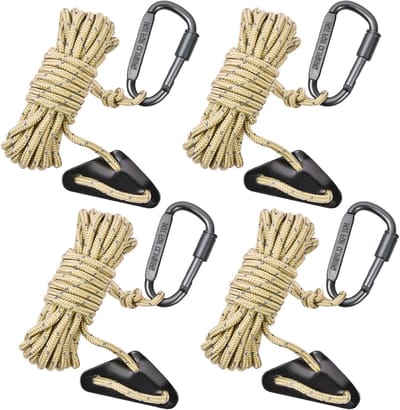 Reflecterende Tent Touwen 4-Pack van 4 Meter Lichtgewicht met Aluminium Spanners en Karabijnhaken, Diameter 5 mm, Ideaal voor Kamperen en Wandelen