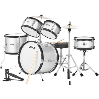 VEVOR 5-delige drumset, inclusief 16" basdrum, 10" snaredrum, 8" & 10" tomtoms, 13" floortom, 10" crashbekken en 8" hihat, voor kinderen van 6-13 jaar, zilver