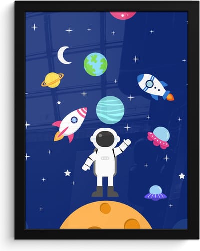 Poster in lijst - Fotolijst 30x40 cm - Posters - Ruimte - Astronaut - Raket - Blauw - Posterlijst zwart - Kamer decoratie - Wanddecoratie kinderkamer - Muurdecoratie babykamer