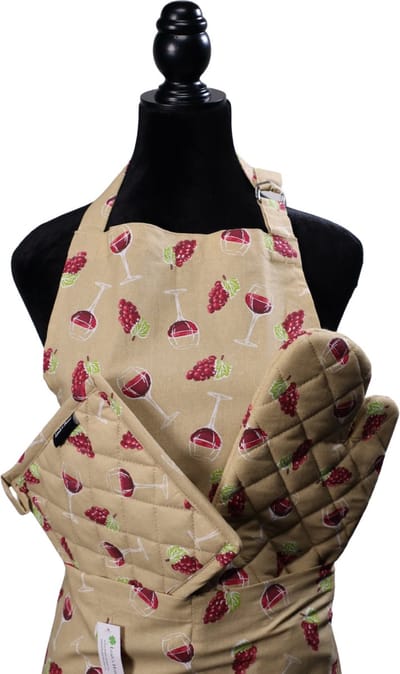 Keukenset 3-delig – Schort + Ovenwant + Pannenlap – Voor Haar – Kookcadeau - Cadeauset - Wijn - Wine - Wijnfles - Rode wijn-Druiven