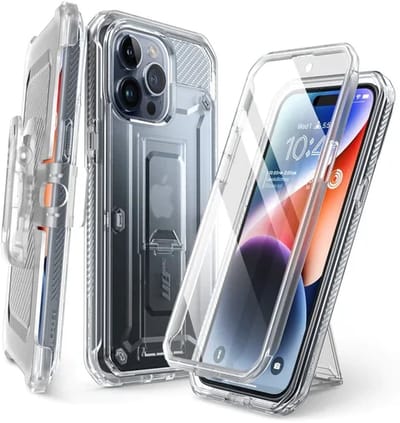 SUPCASE Unicorn Beetle Pro Hoesje Geschikt voor de Apple iPhone 15 Pro Max - Stofdichte Case met Ingebouwde Screenprotector - Full Protect valbescherming - Met Holster en Kickstand Transparant