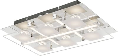 Plafondlamp Woonkamerlamp, 6 vlammen, glas metaal chroom, LED 5W 350Lm warm wit, LxBxH 38x24x7cm