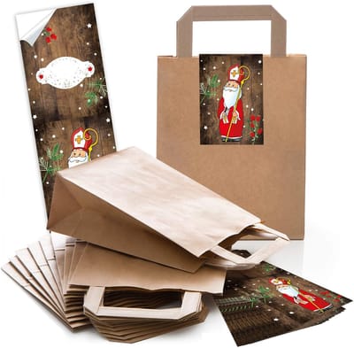 10 Kerstcadeauzakjes van Papier met Handvat en Naamstickers - Feestelijke Kerstverpakking