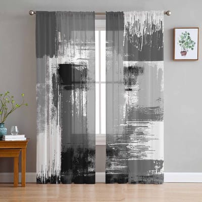 Geometrisch Abstract Olieverf Stijl Grijze Transparante Gordijnen voor Woonkamer Decoratie Raamgordijnen Keuken Tule Voile Gordijnen W135 x H160cm x1