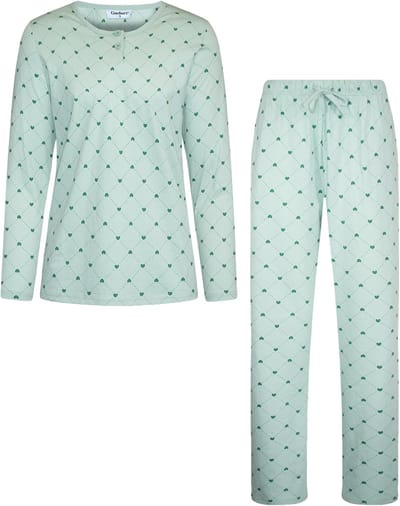 Gaubert Essential Dames Pyjama Lange Mouw - Broek met Zakken - Premium Gekamd Katoen - Hartjes - Mintgroen - Maat S - GB-2812
