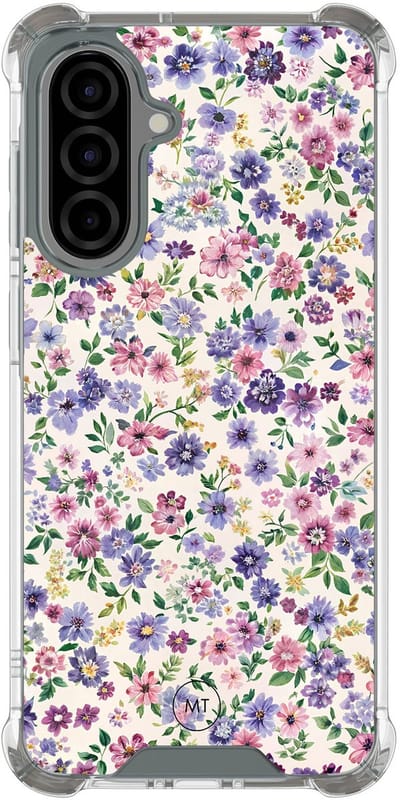 Hoesje (shockproof) geschikt voor Samsung Galaxy A56 - Paarse bloemen - Extra sterke case - TPU/polycarbonaat - Bloemen - Paars, Transparant