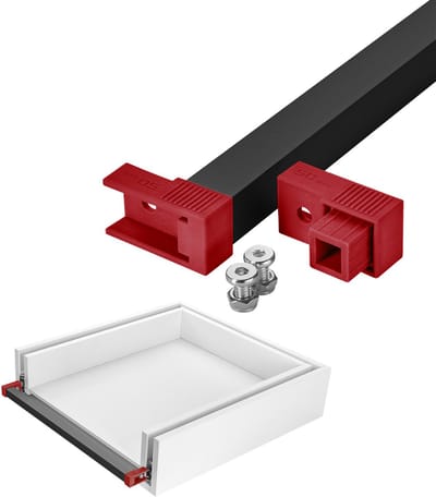 SOTECH VarioSlide Pat. Met één hand te sluiten voor laden zonder front 1200 mm breed Zwart geanodiseerd met rode adapter voor zware laden VarioSlide KV2-100-H53-Lxxx-EH en KV2-200-H76-Lxxx-EH