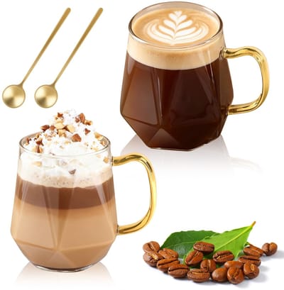 Glazen Koffiemokken set van 350ml Glazen Koffiekopjes met Diamantpatroon, Heldere Theekop voor Thee, Koffie, Latte, Warme en Koude Drank, Kerstdanksgeschenken
