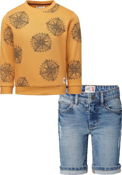 Noppies - Kledingset - 2delig - Jongens - Short Ghent Mid Blue Denim - Sweater Gaya Amber Gold - Maat 104