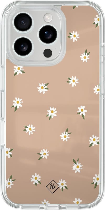 Casimoda® hoesje - Geschikt voor iPhone 16 Pro - Sweet Daisies - 2-in-1 case - Schokbestendig - Bloemen - Verhoogde randen - Bruin/beige, Transparant