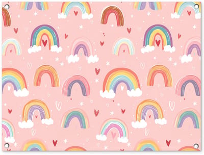 Tuinposter 80x60 cm - Tuindecoratie Regenboog - Patroon - Pastel - Handgetekend - Poster voor in de tuin - Buiten decoratie - Schutting tuinschilderij - Tuindoek muurdecoratie - Wanddecoratie balkondoek