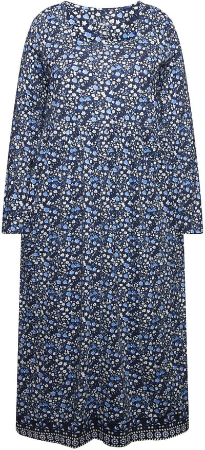 Ulla Popken - Dames - Jersey jurk A-lijn carréhals lange mouwen zakken - Marine - Maat 54+