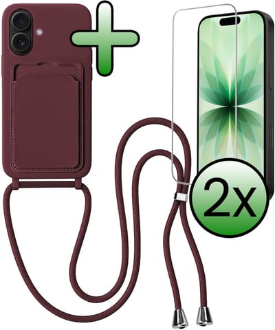 Hoes Geschikt voor iPhone 17 Hoesje Pas Houder Case Hoes Met Koord Met 2x Screenprotector - Hoesje Geschikt voor iPhone 17 Hoes Met Telefoonkoord Pasjeshouder Cover - Aubergine
