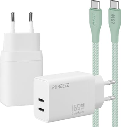 Phreeze usb C oplader 65w met kabel - Power Delivery snellader met 2 usb C poorten - voor laptop, telefoon & tablet - Groene oplaadkabel