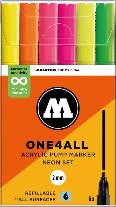 Molotow ONE4ALL Acrylstiften Set van 6 Neon Fluor tinten - Acryl markers - 2mm breed - hervulbaar - alle ondergronden